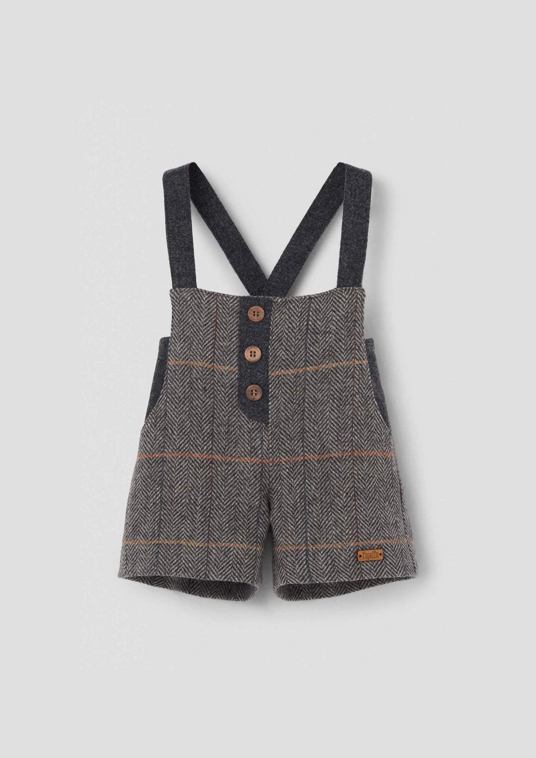 MOD.7.4 GREY HERRINGBONE WOOLLEN DUNGAREES WITH CROSSOVER STRAPS AND POCKETS
