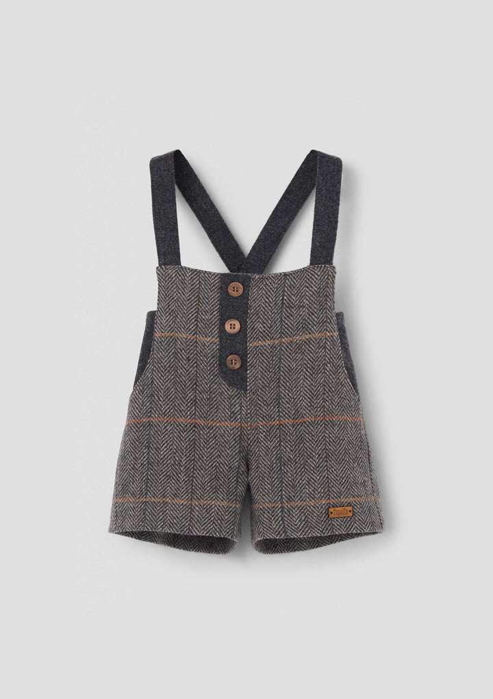 MOD.7.4 GREY HERRINGBONE WOOLLEN DUNGAREES WITH CROSSOVER STRAPS AND POCKETS