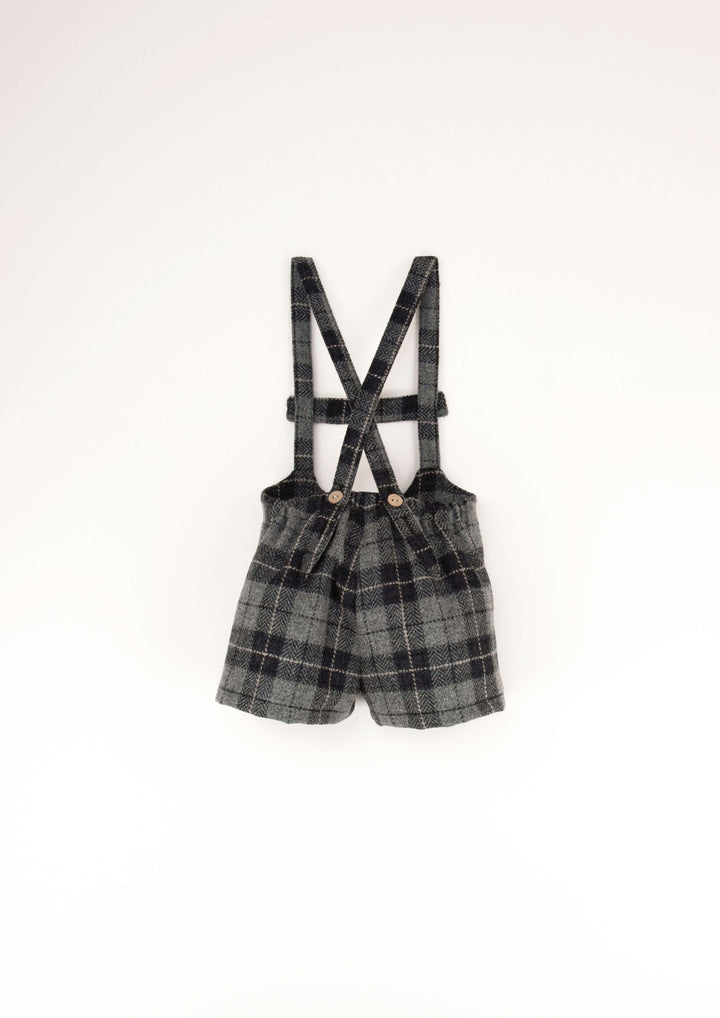8.1-GREY CHECK WOOLEN SHORT DUNGAREES W/ STRAPS