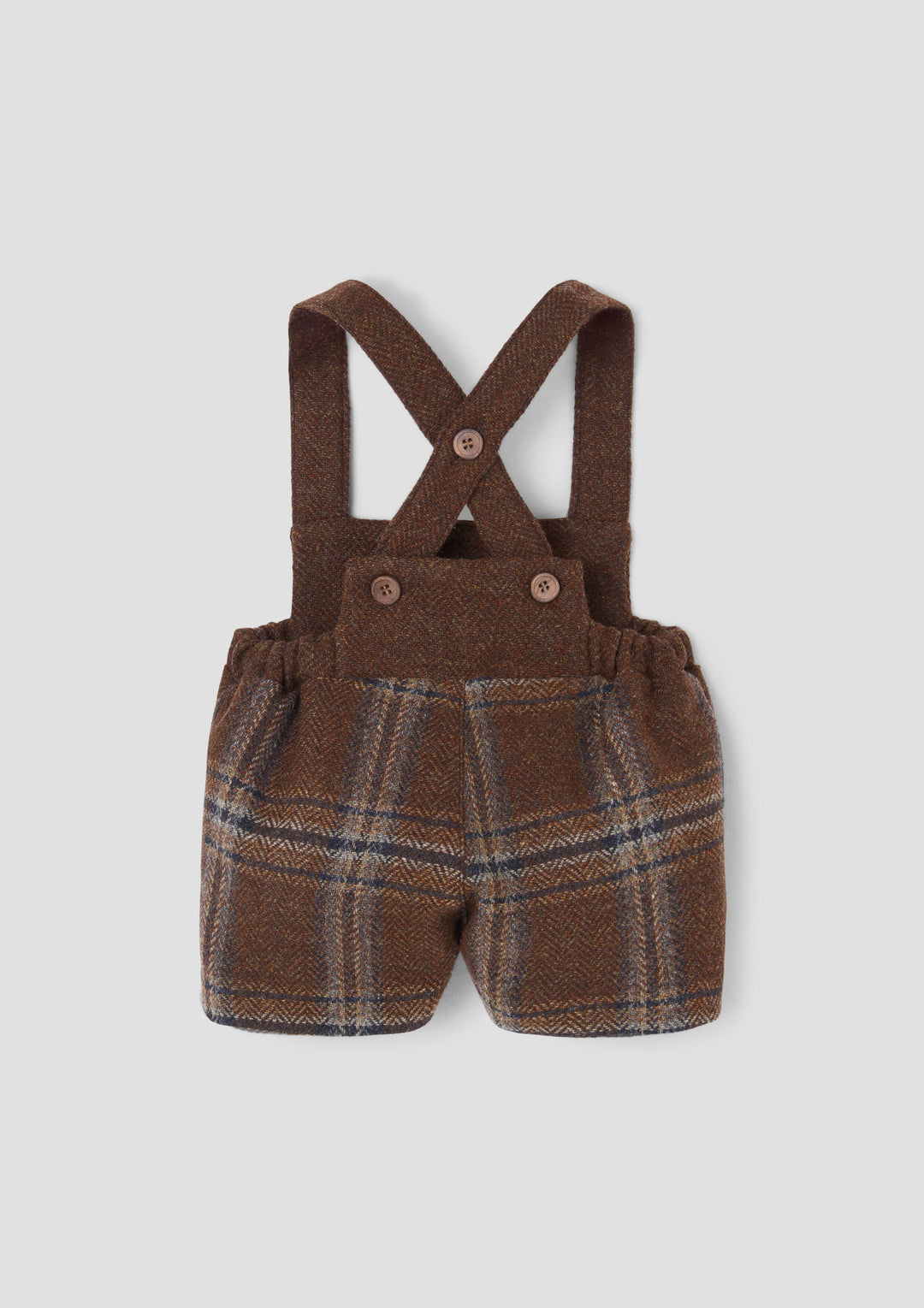 MOD.8.1 BROWN PLAID WOOLLEN SHORT DUNGAREES WITH EMBROIDERY APPLIQUÉ