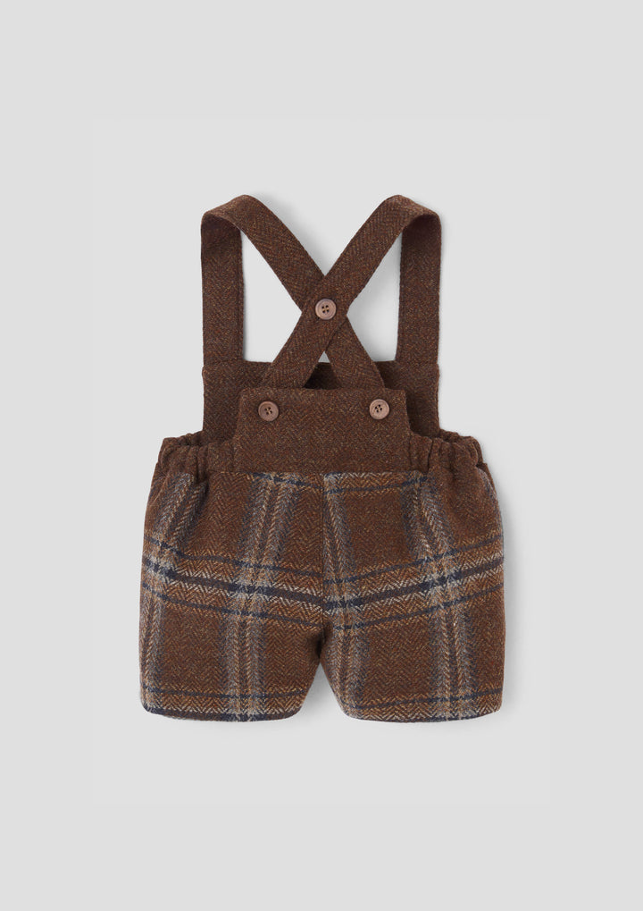MOD.8.1 BROWN PLAID WOOLLEN SHORT DUNGAREES WITH EMBROIDERY APPLIQUÉ