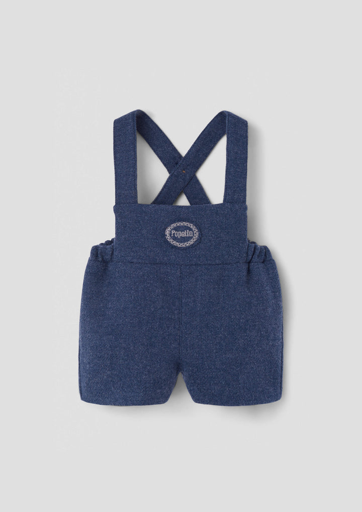 MOD.8.2 BLUE WOOLLEN SHORT DUNGAREES WITH EMBROIDERY APPLIQUE