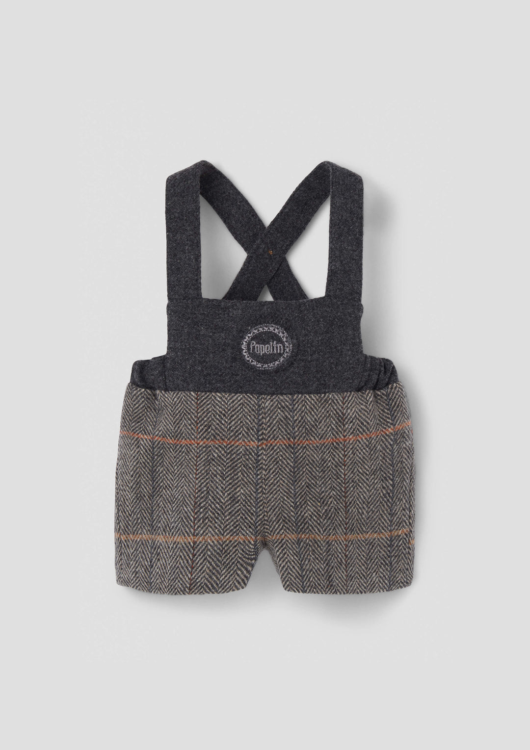 MOD.8.3 GREY HERRINGBONE WOOLLEN SHORT DUNGAREES WITH EMBROIDERY APPLIQUÉ