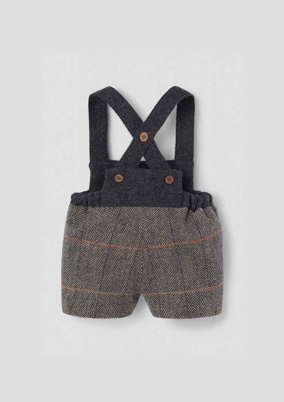 MOD.8.3 GREY HERRINGBONE WOOLLEN SHORT DUNGAREES WITH EMBROIDERY APPLIQUÉ
