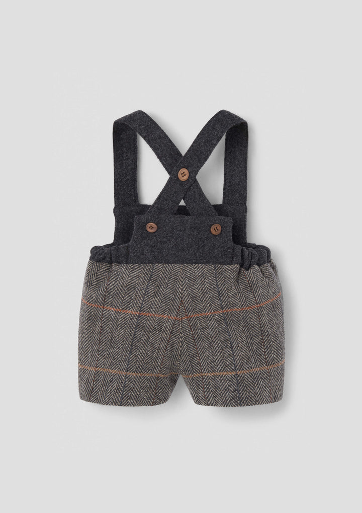 MOD.8.3 GREY HERRINGBONE WOOLLEN SHORT DUNGAREES WITH EMBROIDERY APPLIQUÉ