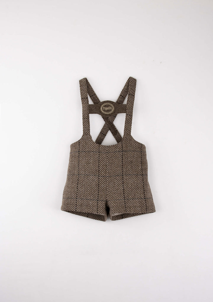 Mod.9.6 Brown herringbone woollen short dungarees with embroidery appliqué