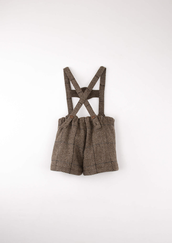 Mod.9.6 Brown herringbone woollen short dungarees with embroidery appliqué