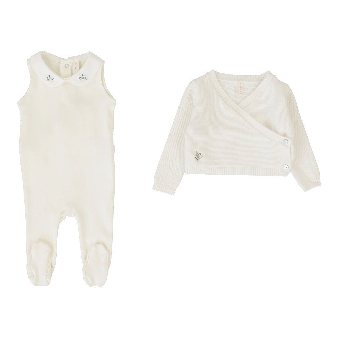 KNIT WRAP SLEEVELESS FOOTIE SET-Cream