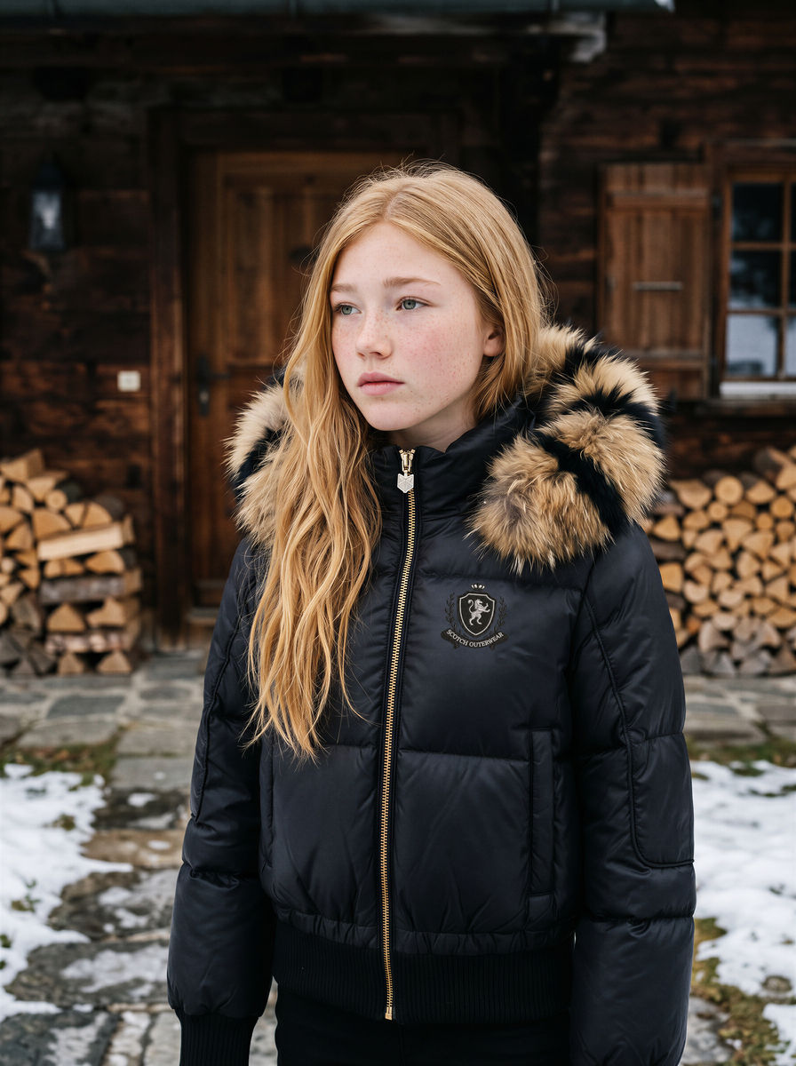 T45 Black Teen Fur-Trim Bomber Down Coat - GOLD ZIPPER
