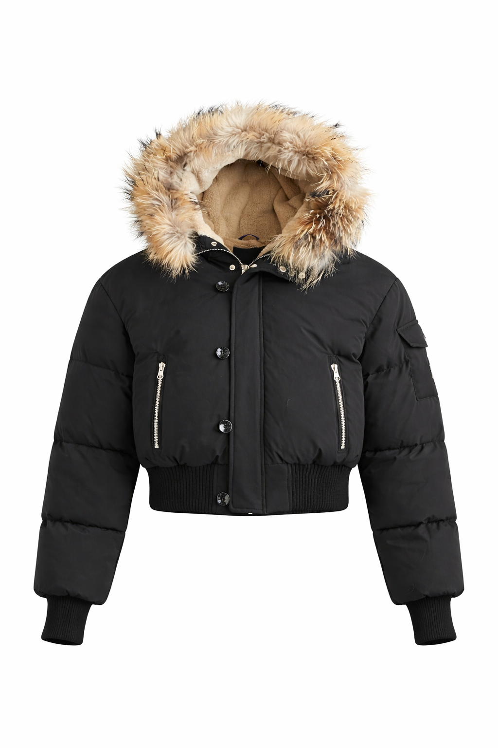 T49 Black Teen Fur-Trim Bomber Down Coat with Fleece Lining