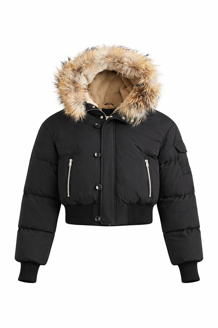 T49 Black Teen Fur-Trim Bomber Down Coat with Fleece Lining