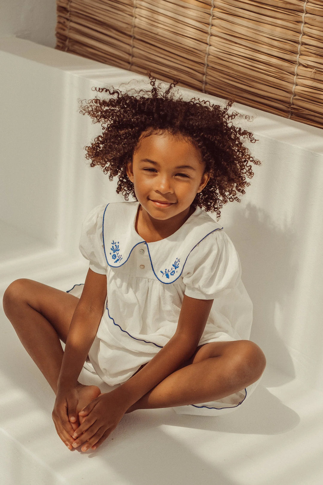 LPSS26002 SOPHIA EMBROIDERED ECRU DRESS W/ 3/4 SLEEVES - ROYAL BLUE