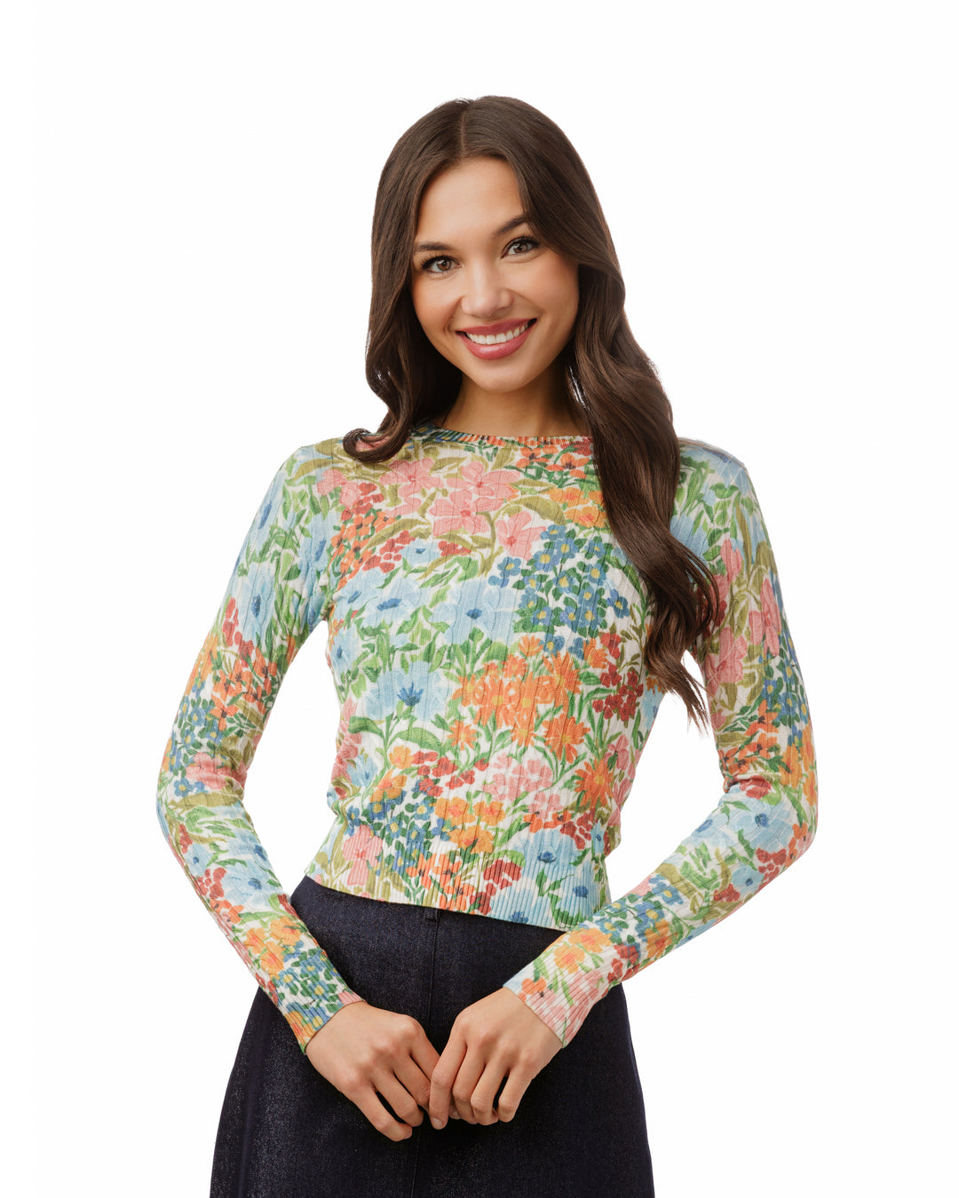 TS6224T-A-Green Base Floral Printed Cable Knit Top