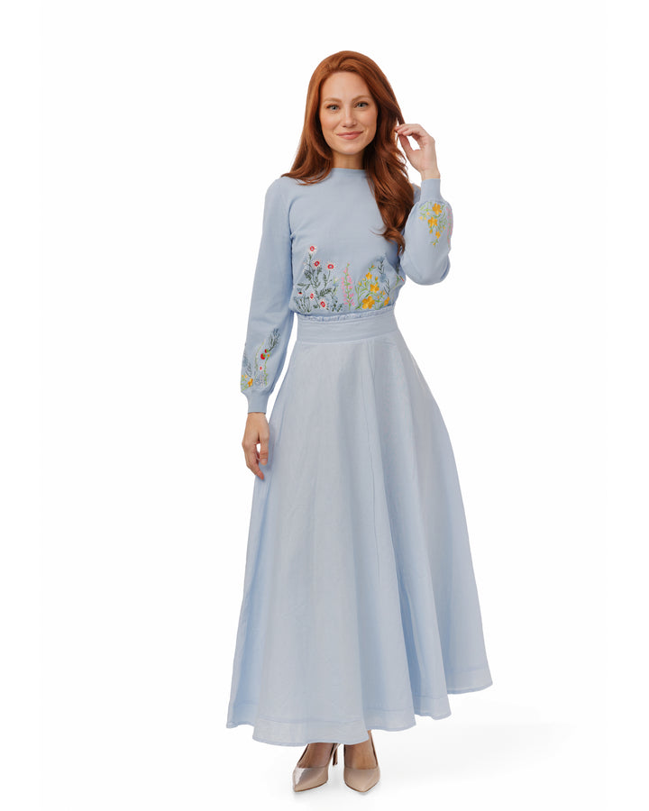 TS6332T-A-Light Blue Embroidered Floral Knit Top