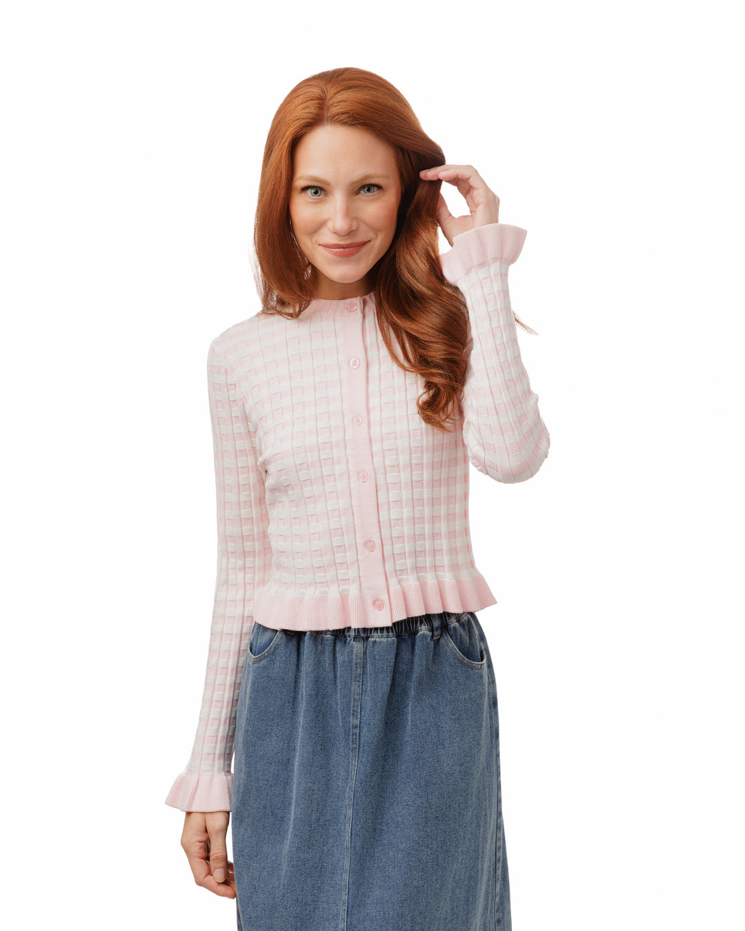 TS6353T-A-Pink And White Striped Knit Cardigan