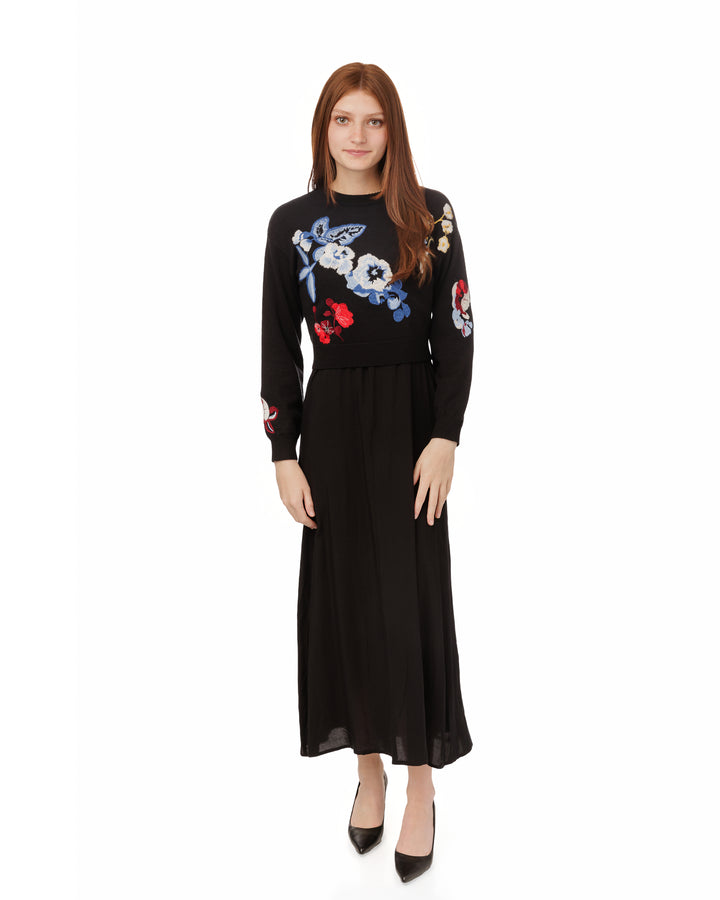 TW5662D-A-Black Wool Dress With Floral Embroidered Knit Overlay
