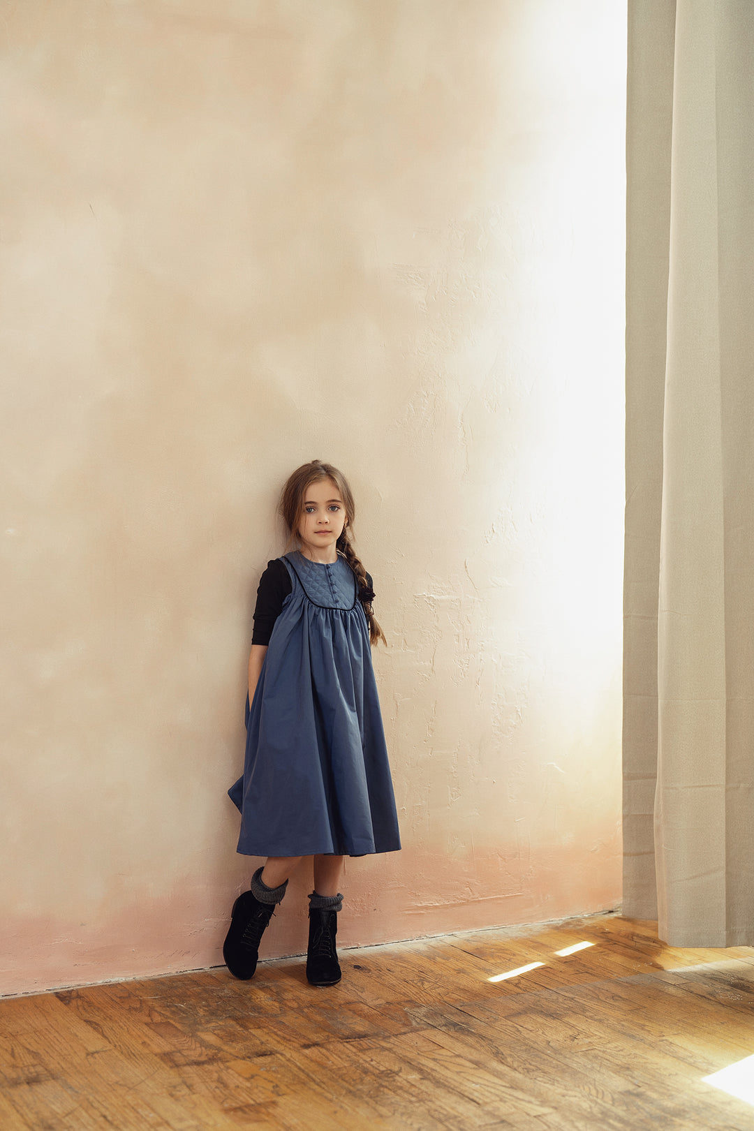 P6204-QUILTED YOKE FLARED DRESS-BLUE