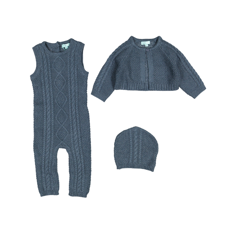 P4626/24/28-CABLE CARDIGAN/OVERALL/HAT SET-STEEL BLUE