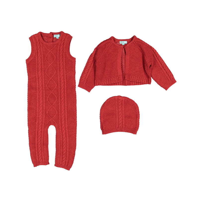 P4626/24/28-CABLE CARDIGAN/OVERALL/HAT SET-RED