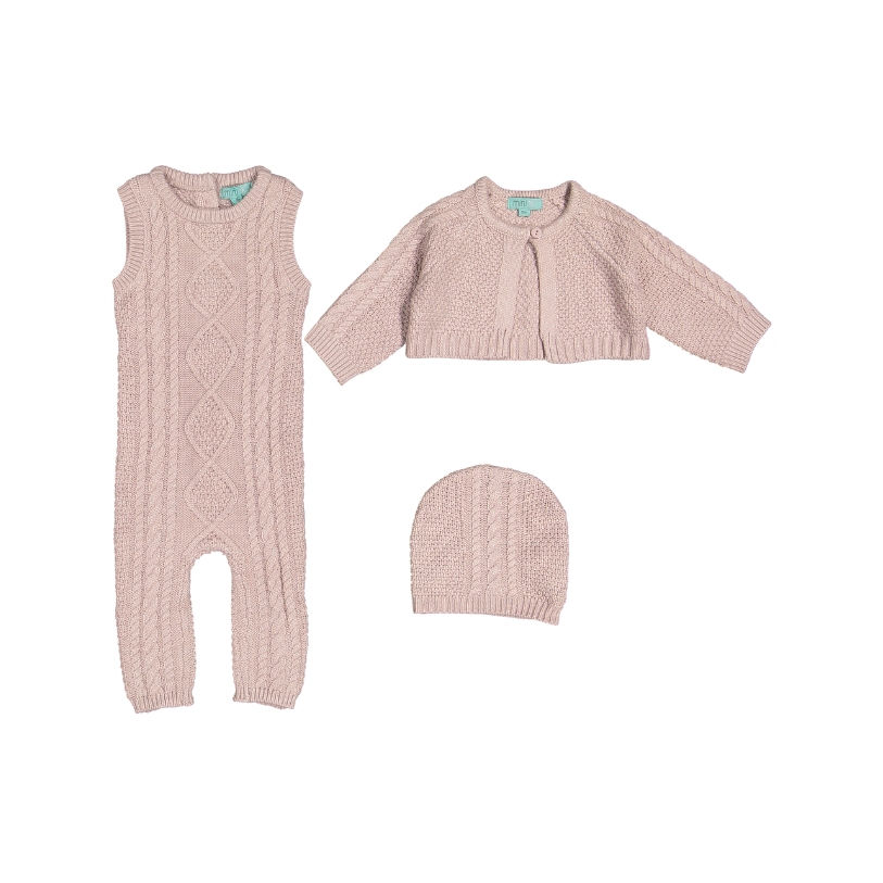 P4626/24/28-CABLE CARDIGAN/OVERALL/HAT SET-MAUVE