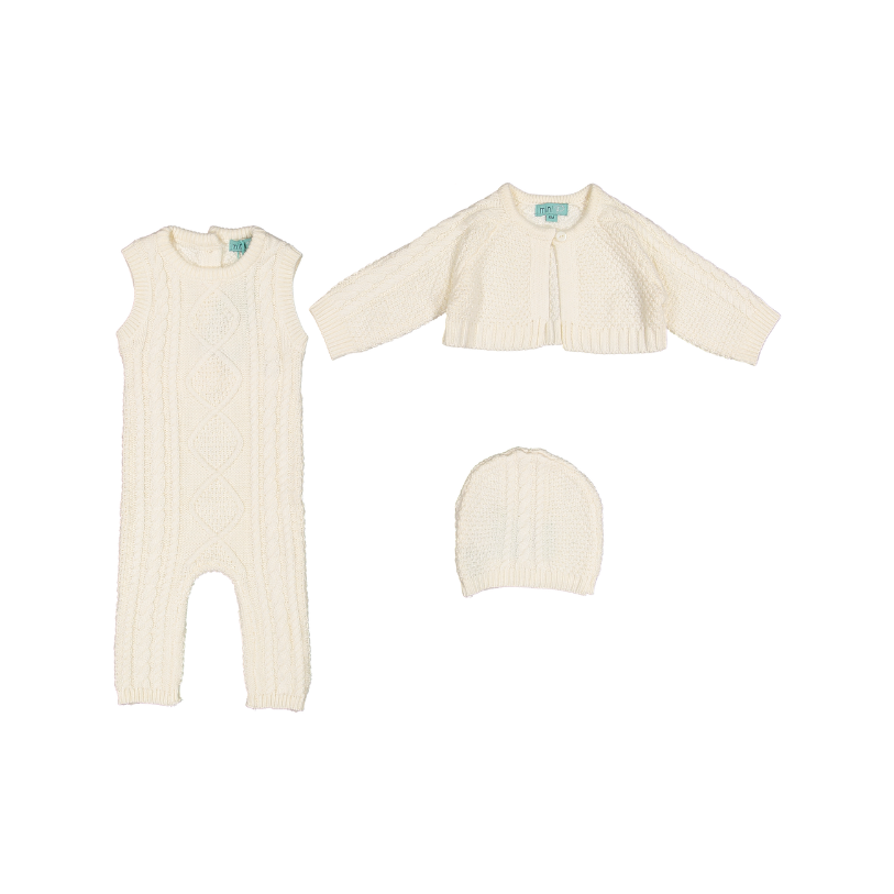 P4626/24/28-CABLE CARDIGAN/OVERALL/HAT SET-CREAM