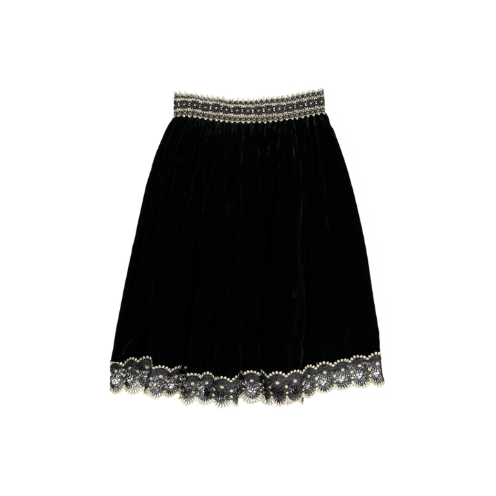 AW3066B LONG-Velvet Skirt with Metalic Lace-Black/Gold