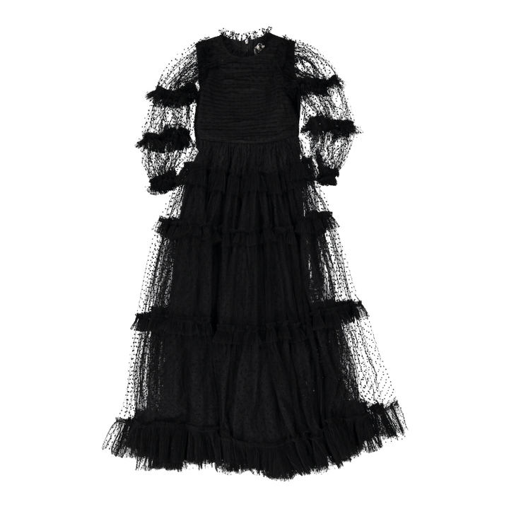 AW1136-Tulle Pleated Frill Dress-Black