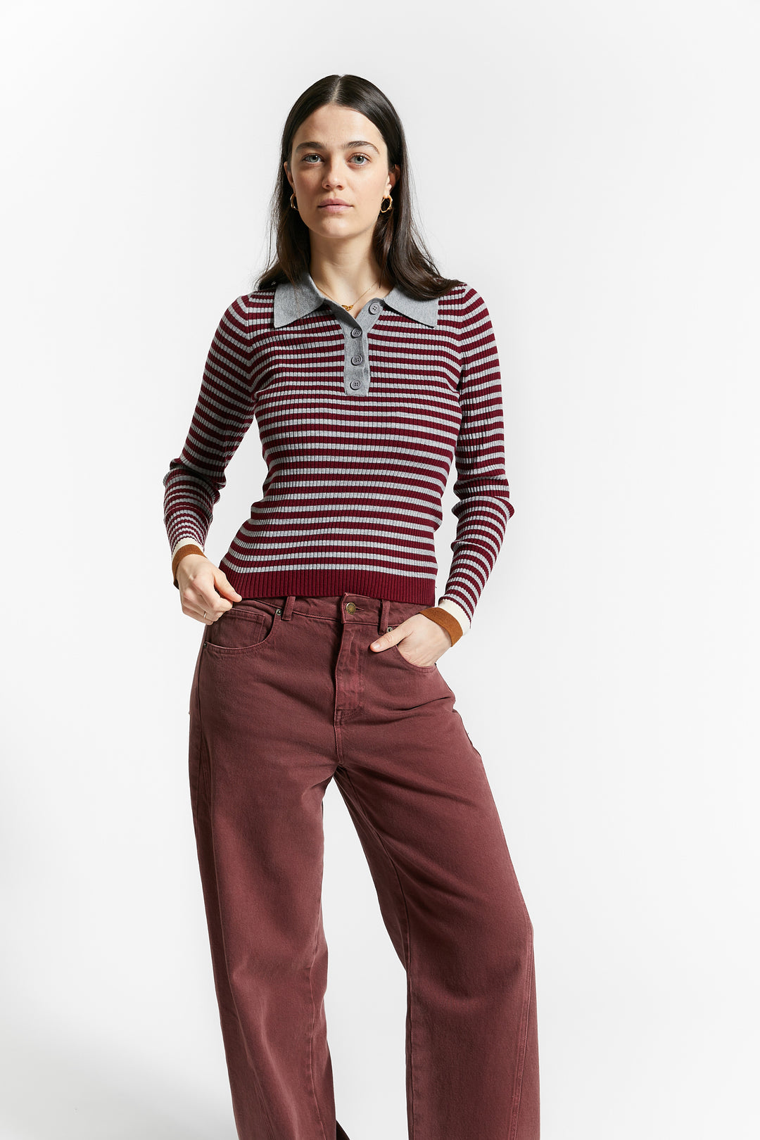 WALLABY FITTED STRIPED POLO COLLAR PULLOVER - MERLOT RED