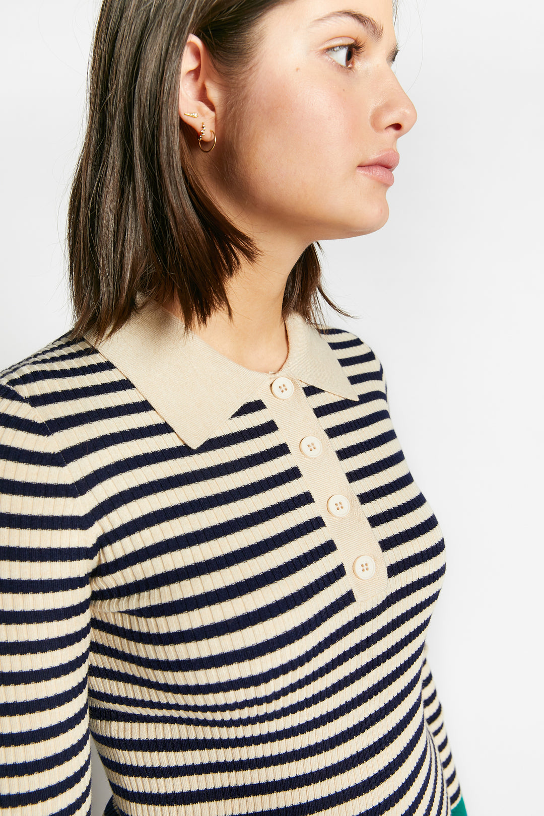 WALLABY FITTED STRIPED POLO COLLAR PULLOVER - NAVY