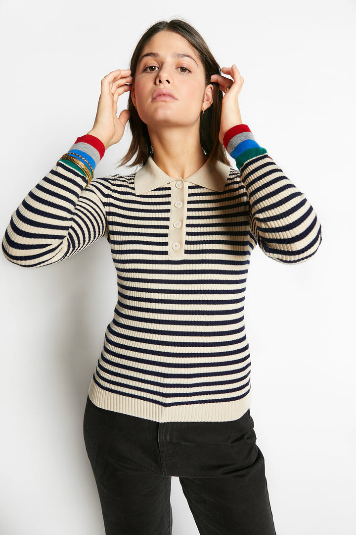 WALLABY FITTED STRIPED POLO COLLAR PULLOVER - NAVY
