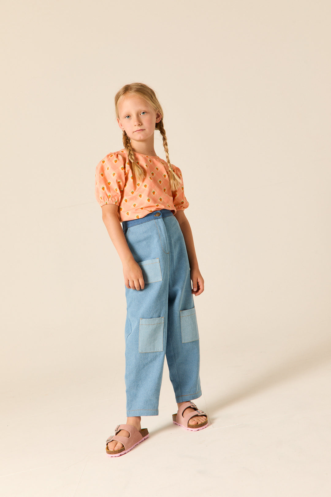 E26134 PUFF SLEEVES TOP - PINK STRABERRY CHECK