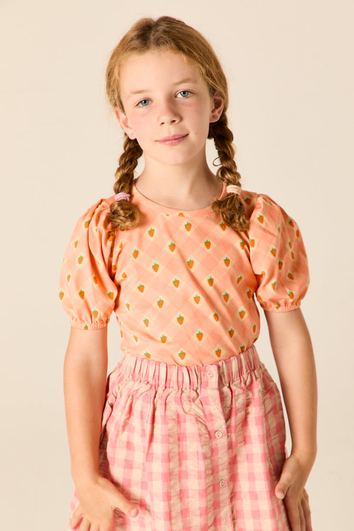 E26134 PUFF SLEEVES TOP - PINK STRABERRY CHECK