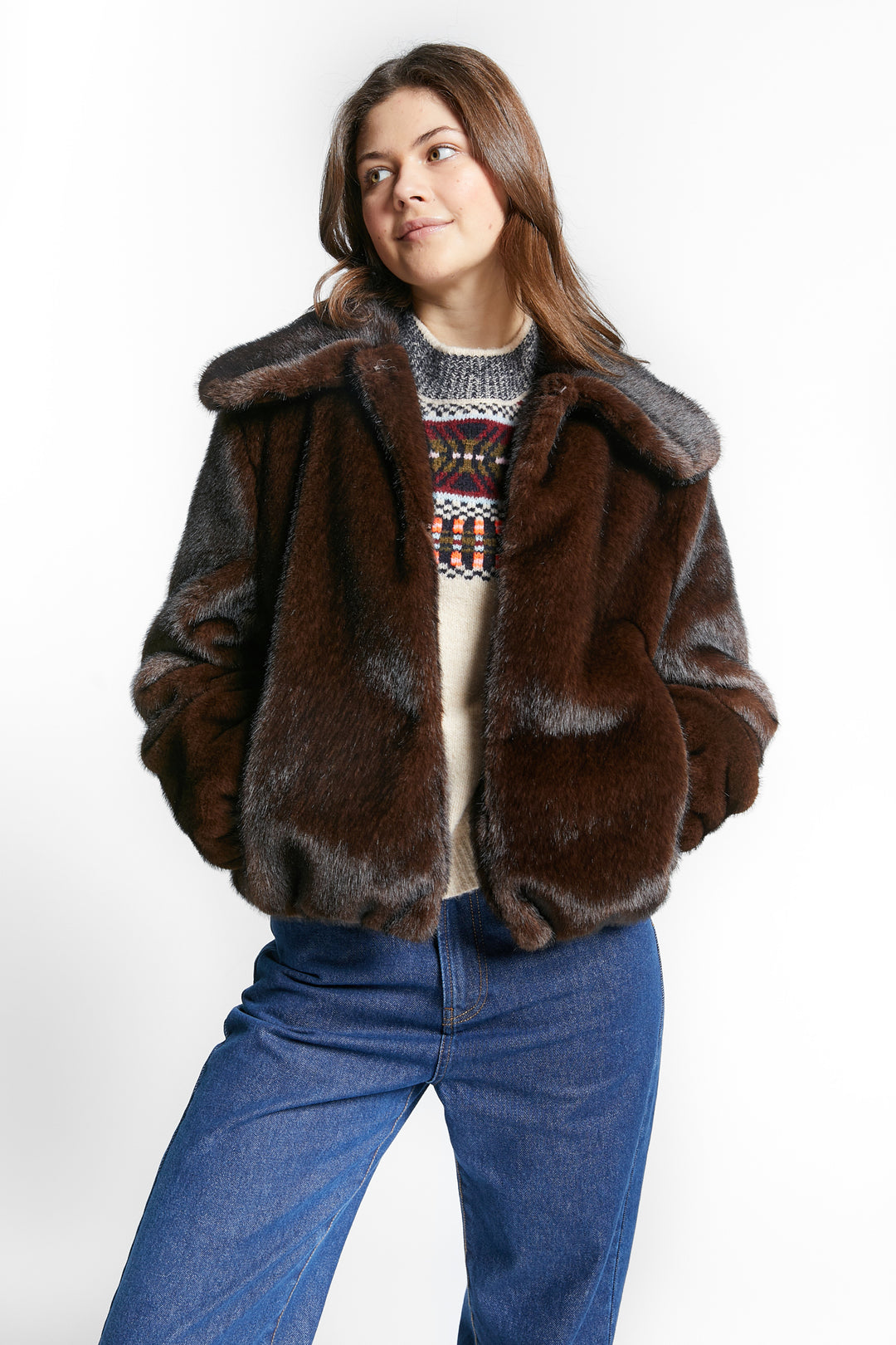 WEATHER FAKE FUR JACKET W/COLLAR - COFFEE