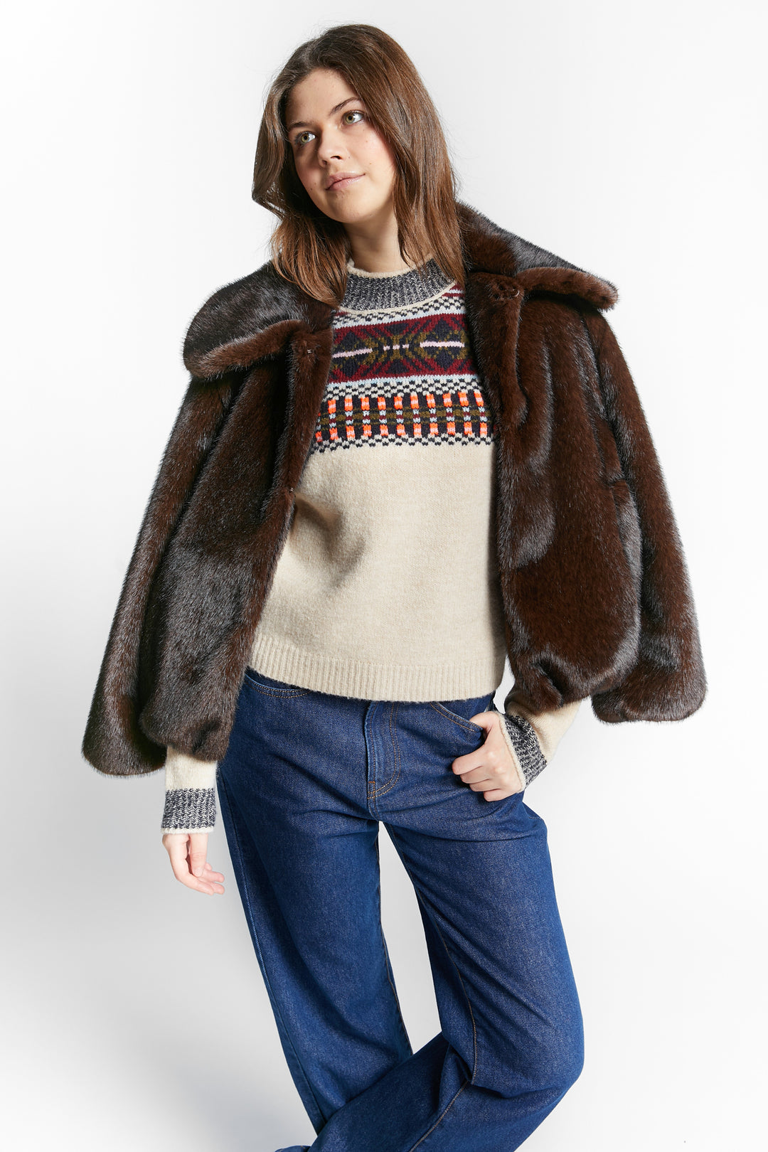 WEATHER FAKE FUR JACKET W/COLLAR - COFFEE