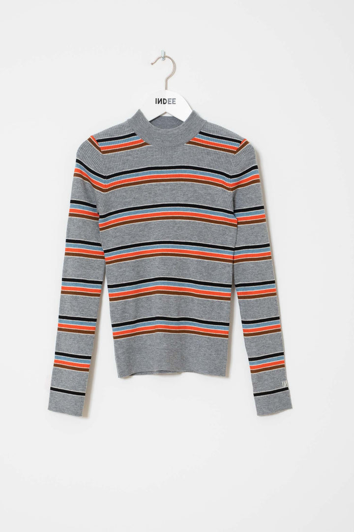 WIMBLEDON FITTED HIGH NECK STRIPED PULLOVER - GREY MELANGE