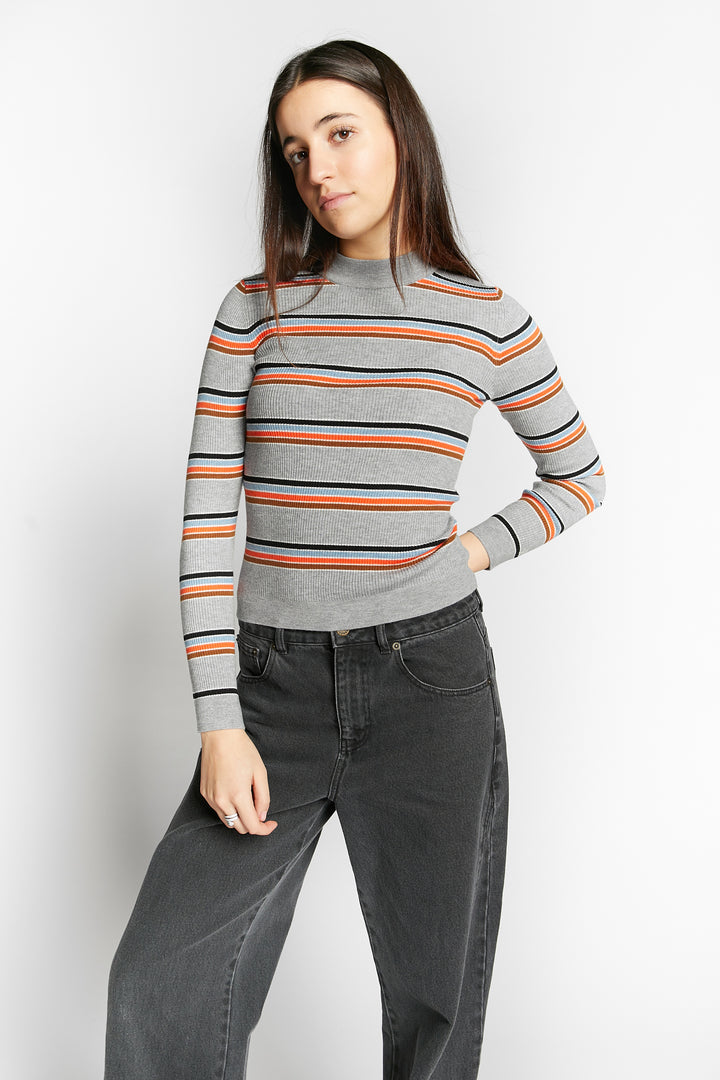WIMBLEDON FITTED HIGH NECK STRIPED PULLOVER - GREY MELANGE