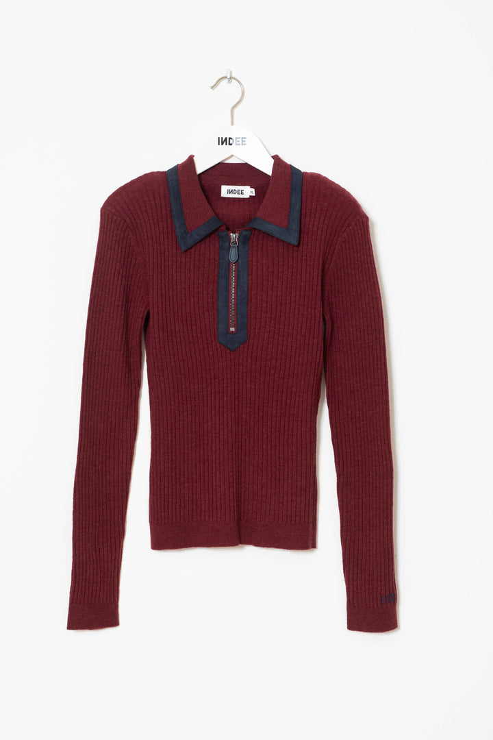 WINGFOIL POLO COLLAR PULLOVER W/ FAKE SUEDE DETAILS - MERLOT RED