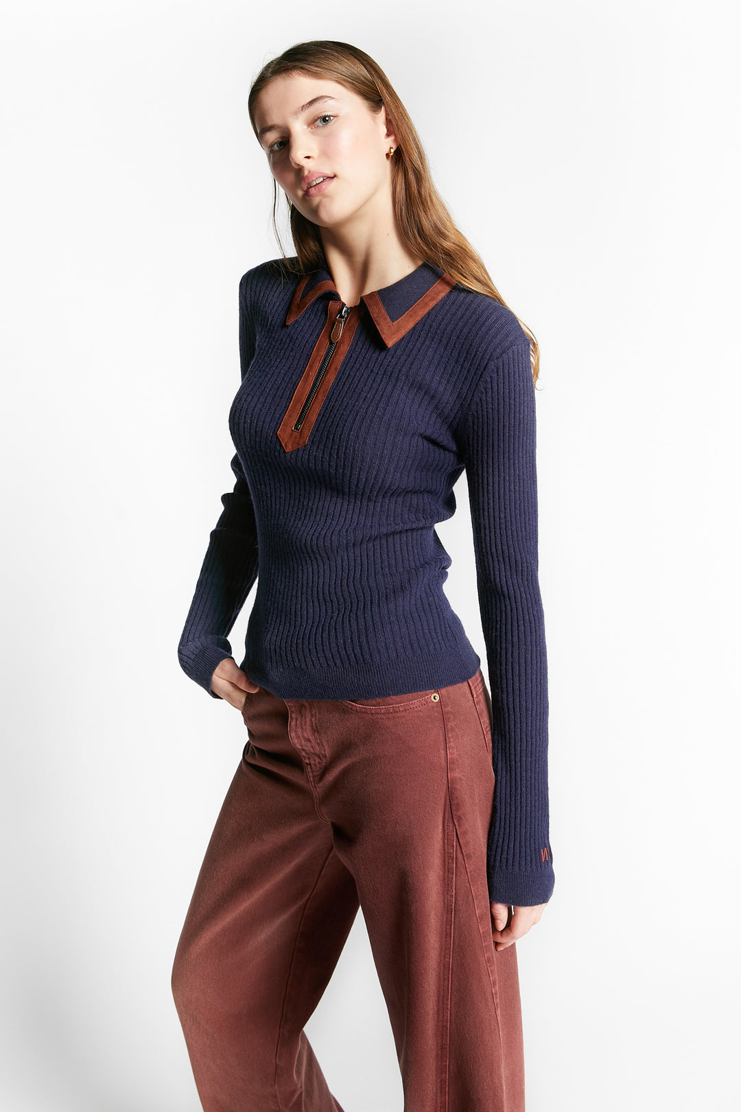 WINGFOIL POLO COLLAR PULLOVER W/ FAKE SUEDE DETAILS - NAVY