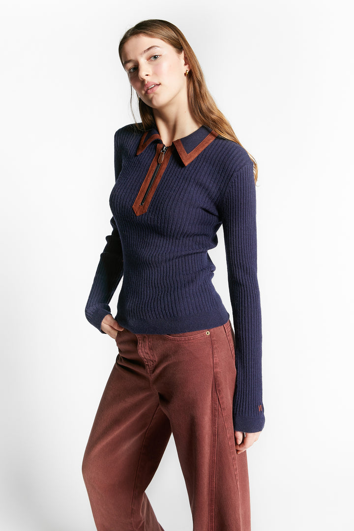 WINGFOIL POLO COLLAR PULLOVER W/ FAKE SUEDE DETAILS - NAVY