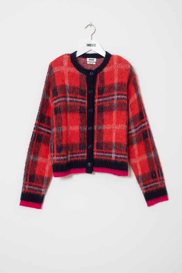 WINNIE BRUSCHED CHECKS PATTERN CARDIGAN - MERLOT RED