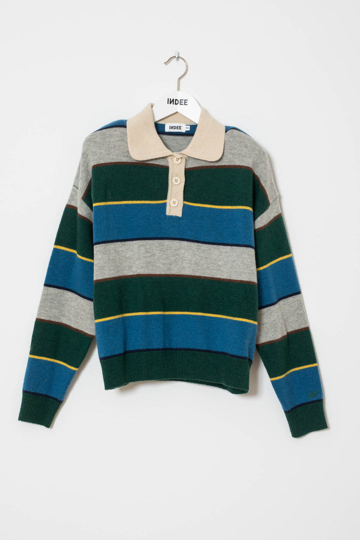 WISHES MULTICOLORED STRIPED POLO COLLAR PULLOVER - GREEN