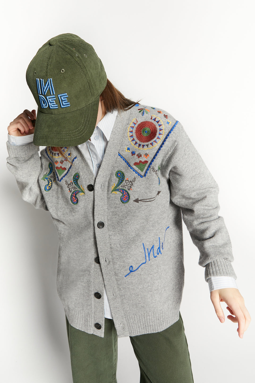 WAFFA EMBROIDED CARDIGAN - GREY MELANGE
