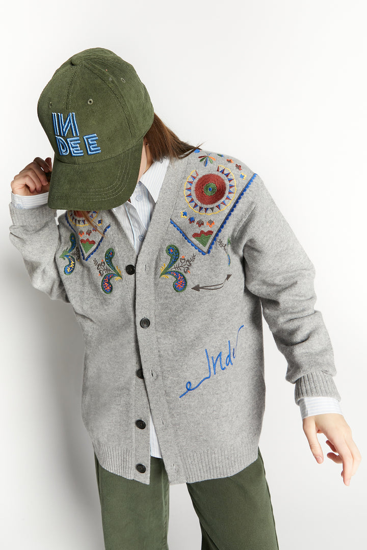 WAFFA EMBROIDED CARDIGAN - GREY MELANGE