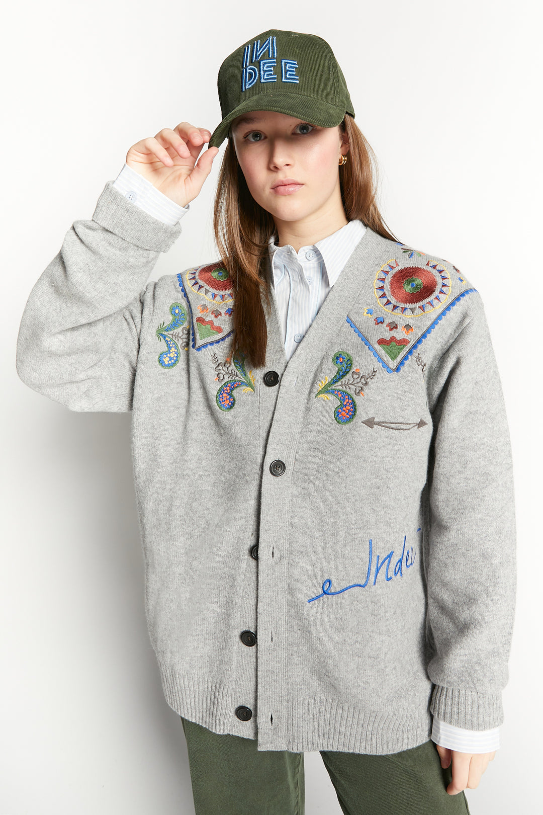 WAFFA EMBROIDED CARDIGAN - GREY MELANGE