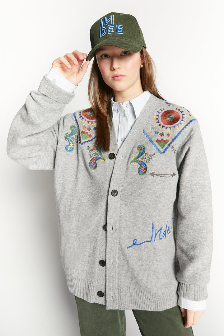 WAFFA EMBROIDED CARDIGAN - GREY MELANGE
