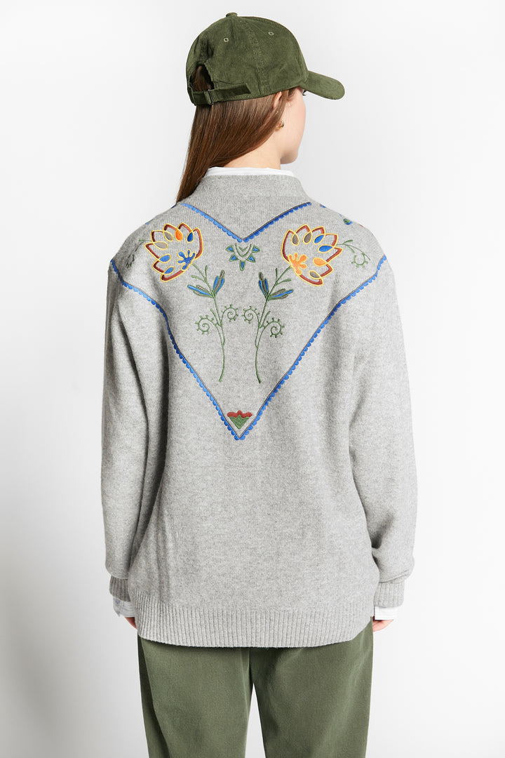 WAFFA EMBROIDED CARDIGAN - GREY MELANGE