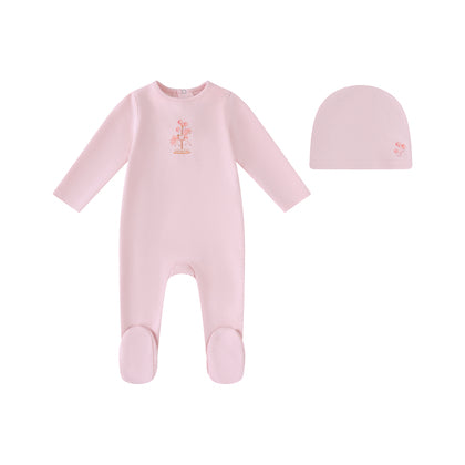 EA056-P-H GIRLS WATER PRINT CAROUSEL FOOTIE AND HAT - PINK