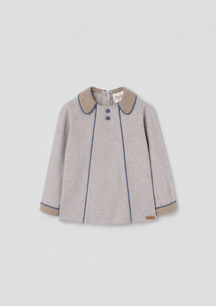 MOD.20.2 GREY HERRINGBONE PANELLED BLOUSE IN ALL HERRINGONE FABRIC COLLAR SLEEVES WRISTS AND ALL PIPING IN BLUE