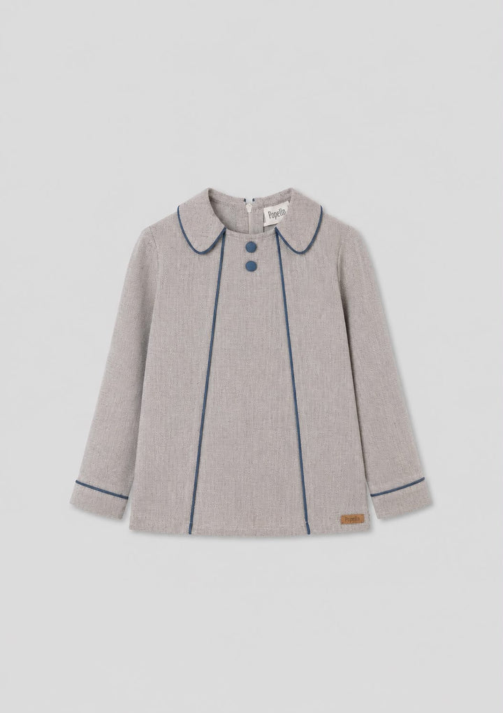 MOD.20.2 GREY HERRINGBONE PANELLED BLOUSE IN ALL HERRINGONE FABRIC COLLAR SLEEVES WRISTS AND ALL PIPING IN BLUE