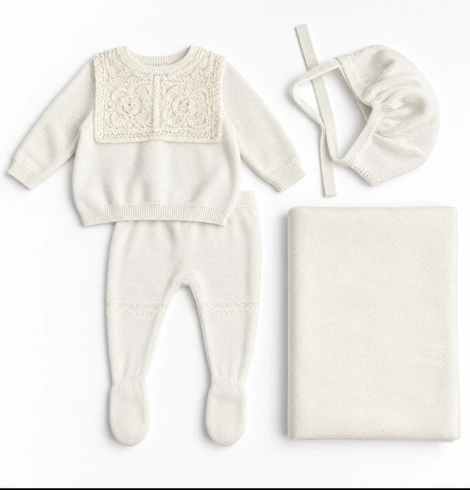 BK26003BS Crochet Knit Collar Bris Set w/ Hat & Blanket - White